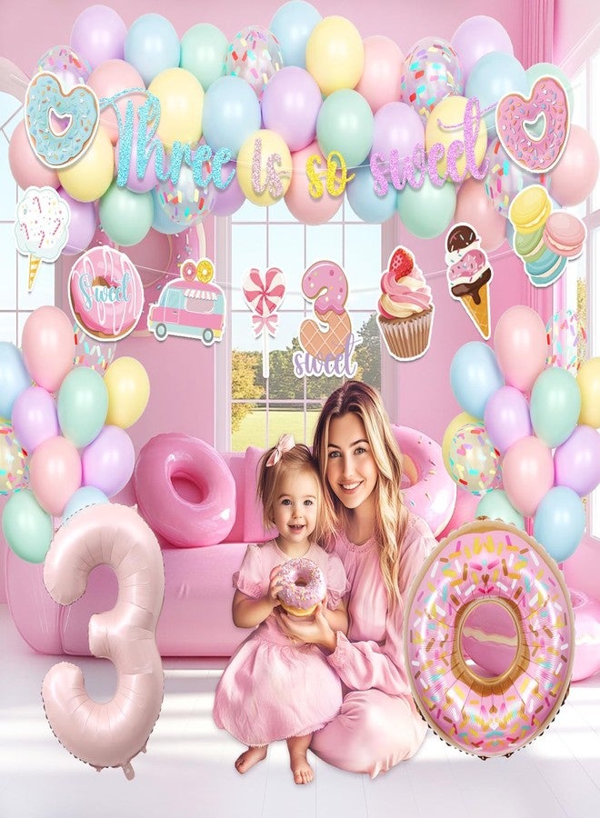 Hombae Three Is So Sweet Birthday Party Decorations, 3rd Birthday Decorations for Girls, Donut Birthday Party Supplies with Banner Cake Topper Foil Balloon for 3 Year Old Sweet Party - Image 5